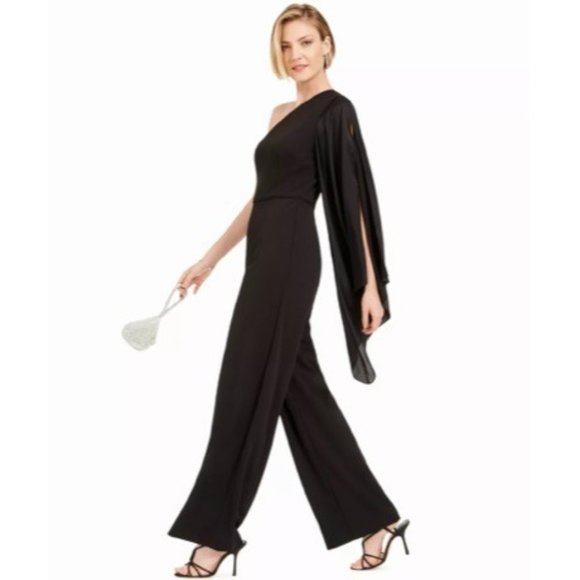 Adrianna Papell Black Formal One Shoulder Drape Sleeve Jumpsuit - Picture 12 of 16